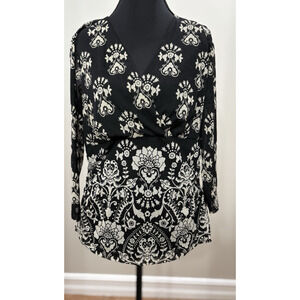 Y2K Vintage XL Top Babydoll Black White Floral V Neck Mesh Fabric Sheer Sleeves‎